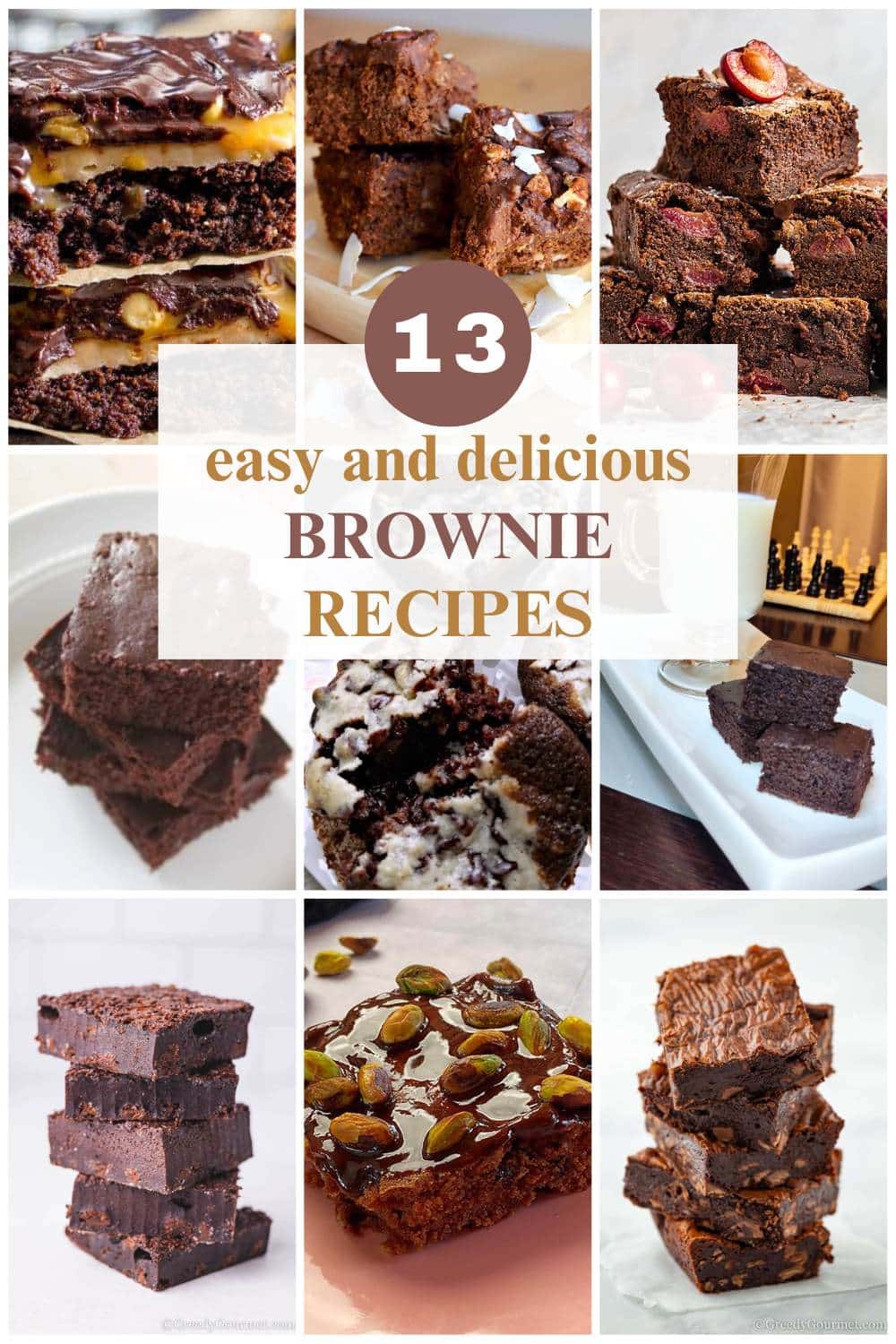 9 image collage with brownies