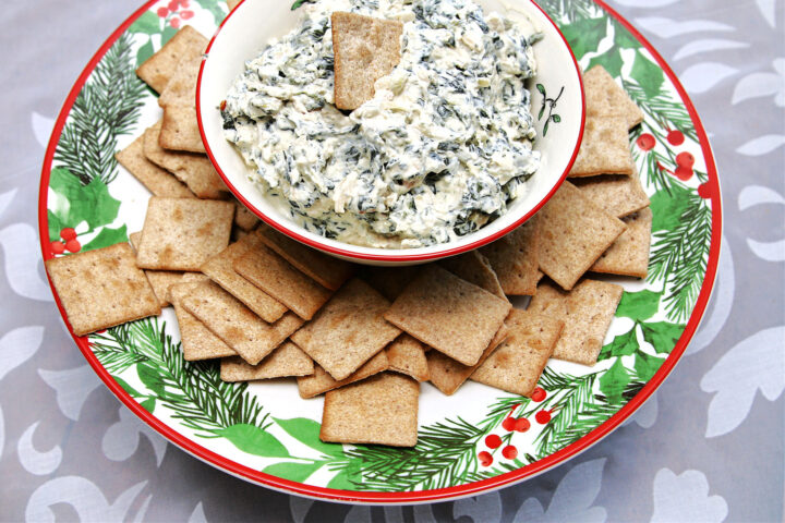 Knorr Spinach Dip served on a DIY cake stand made from thrift store finds