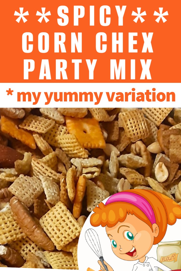 Variation on original Chex party mix. This is a spicy corn Chex mix with Tony Chachere Creole Seasoning