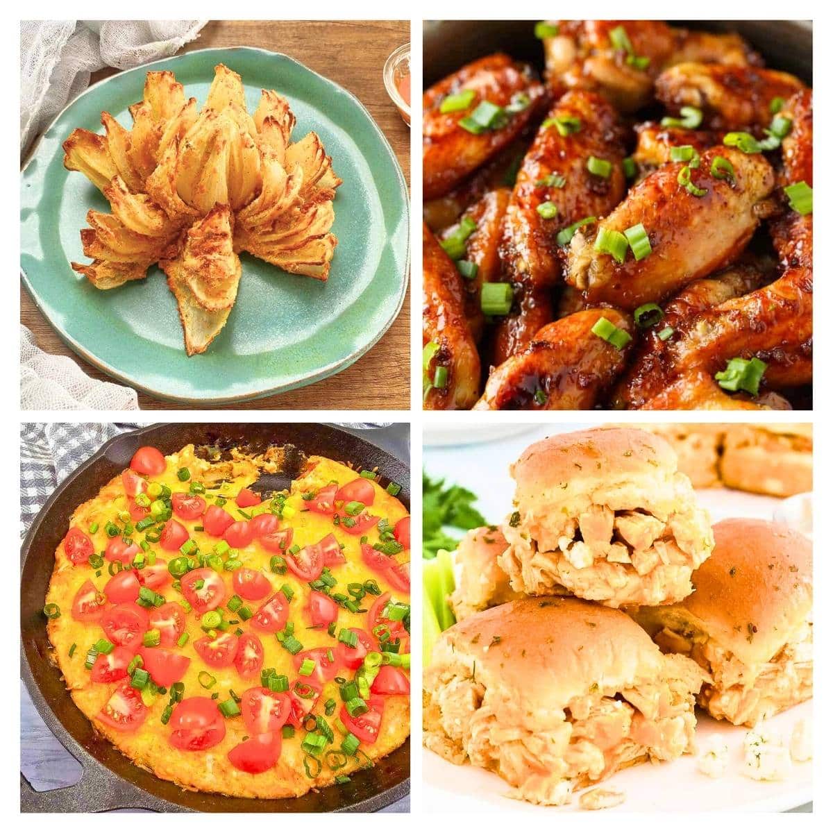 4 image collage with super bowl appetizers