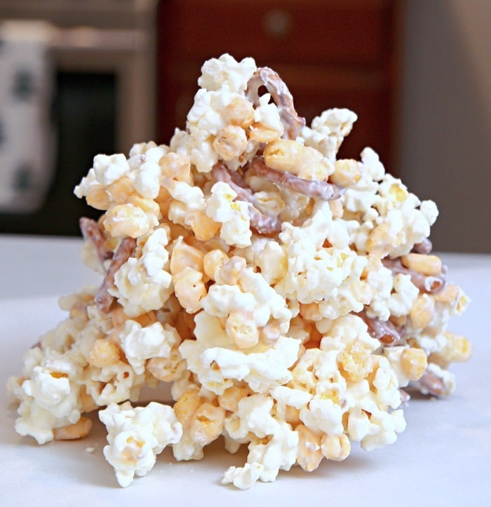 Corn Pop Cereal Crunch with vanilla almond bark, popcorn, and pretzels