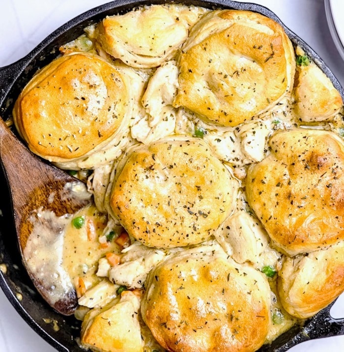 homemade chicken pot pie in a skillet