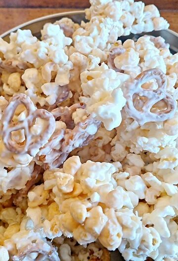 vanilla almond bark popcorn pretzel corn pop candy recipe