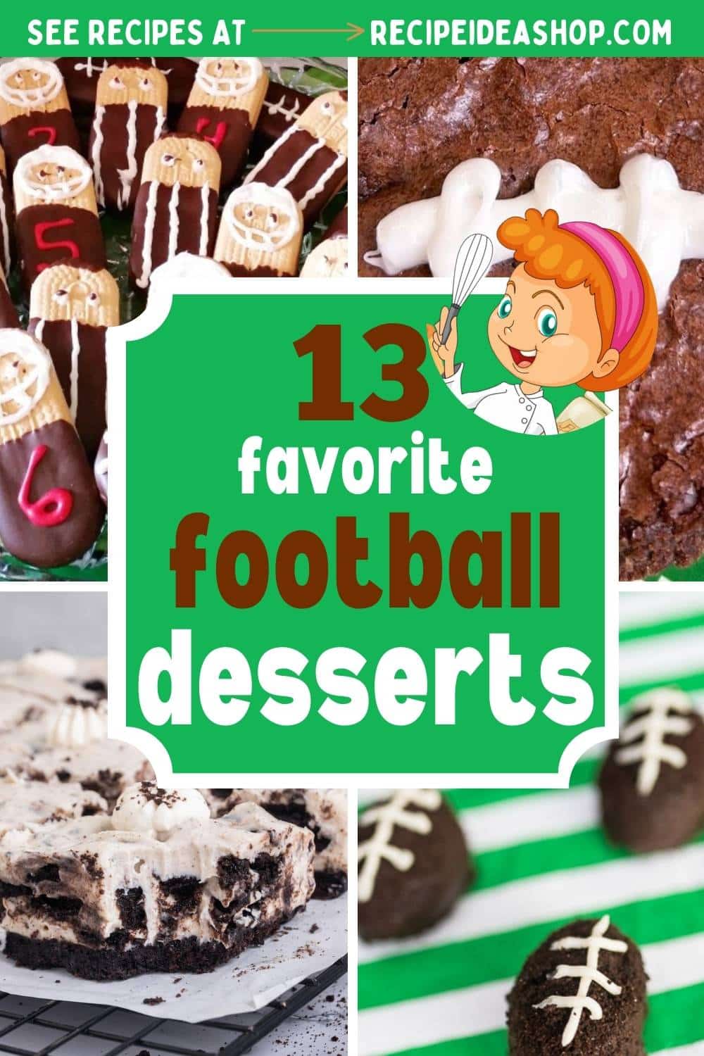 4 image collage with football desserts