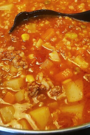 ground beef vegetable soup with diced potatoes and seasonings