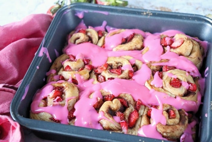 homemade Cinnamon rolls with pink icing