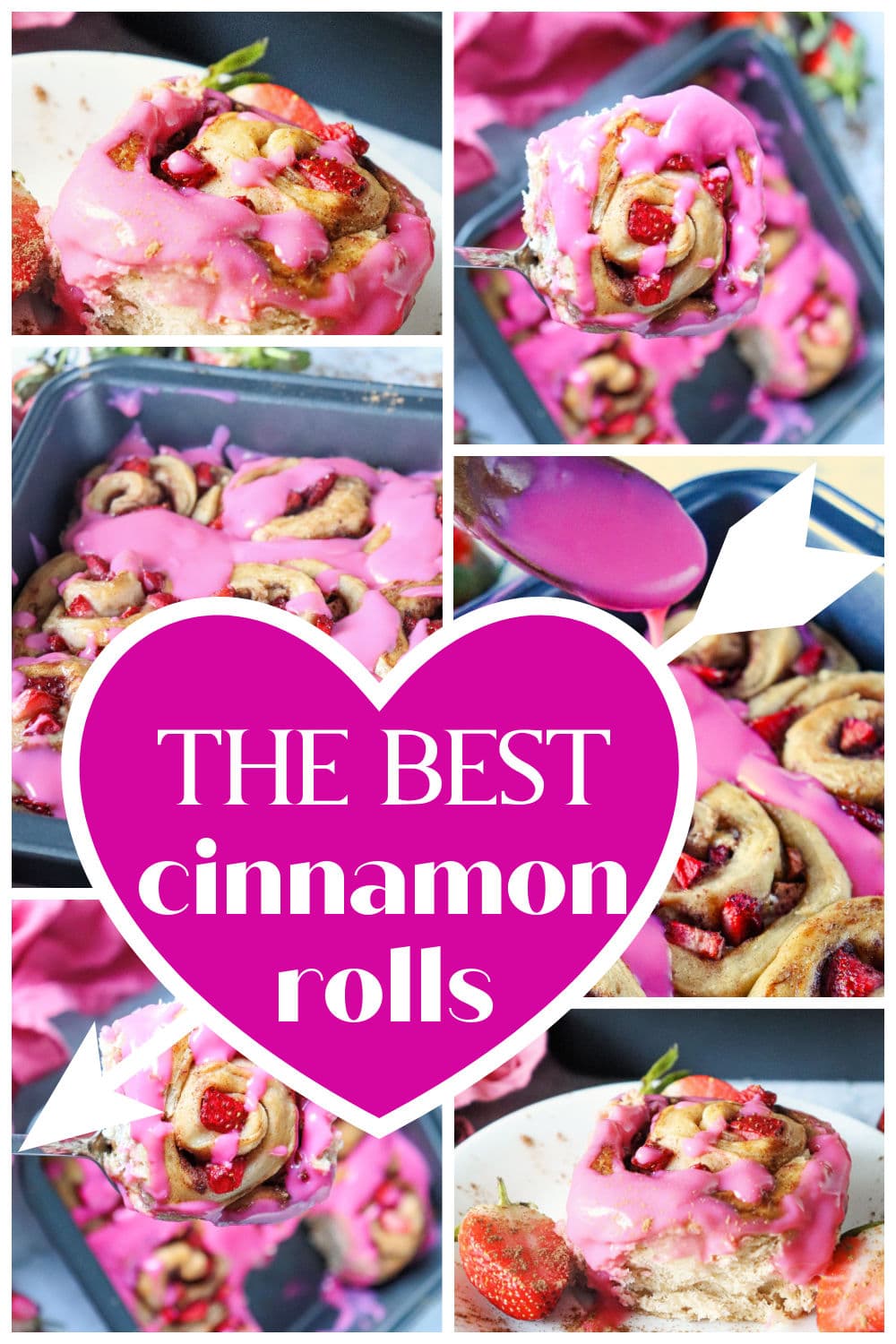 the best homemade strawberry cinnamon rolls with yeast and pink frosting