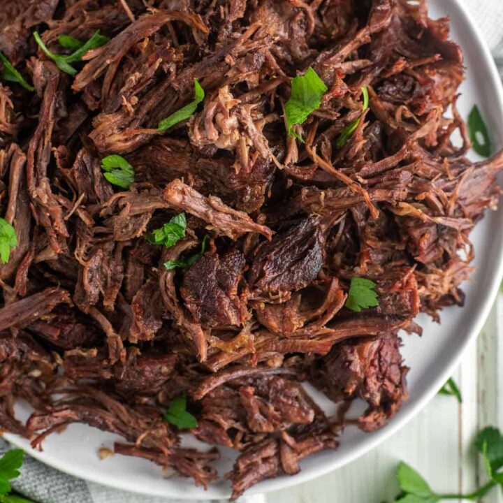 shredded beef on white plate