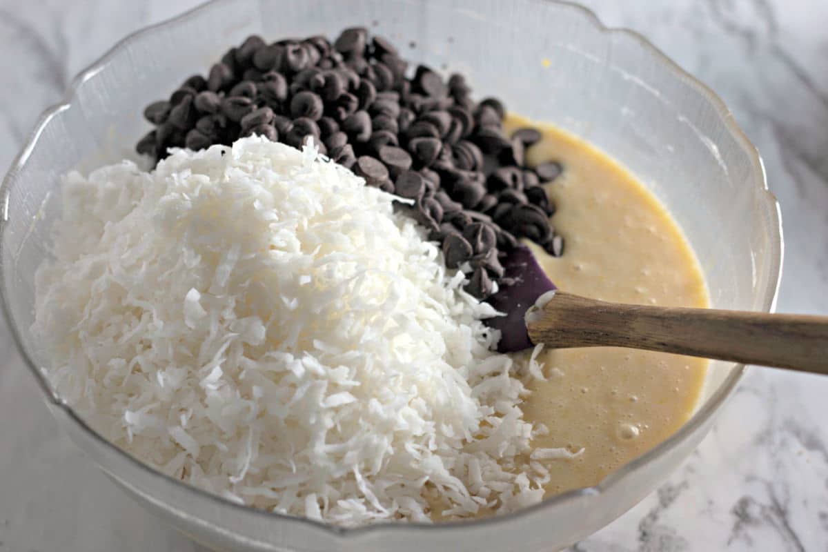 blending chocolate chips and shredded coconut to mix