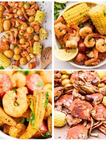4 image collage with Crab Boil Shrimp Boil Party Recipes