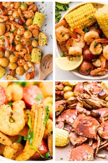 4 image collage with Crab Boil Shrimp Boil Party Recipes