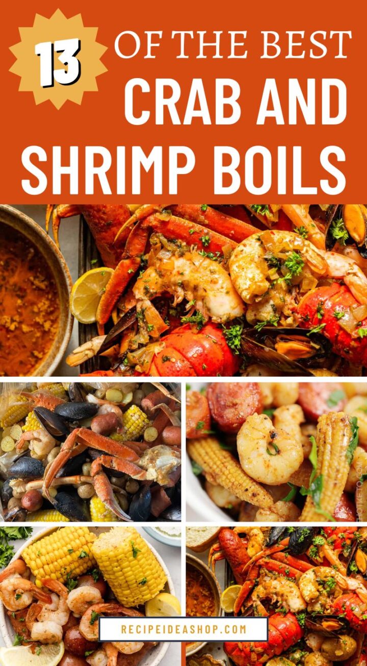 5 image collage with shrimp and crab boil party food