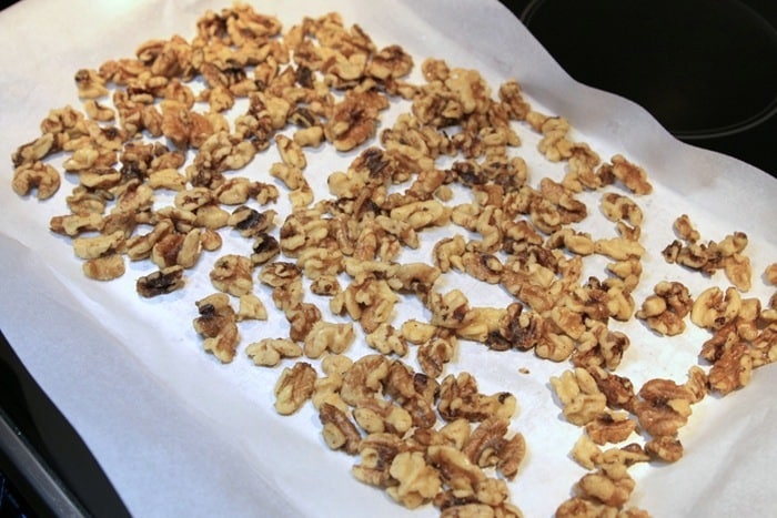 fresh walnuts on pan to be toasted