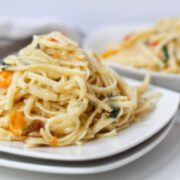 top view of linguine on white plate