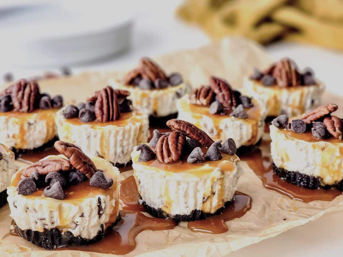 mini turtle cheesecakes on counter