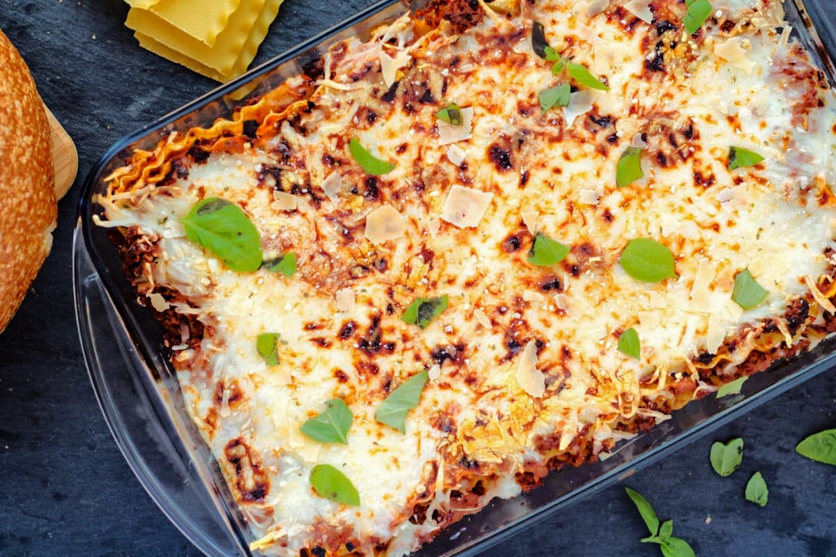 made from scratch healthy lasagna made with fat free cottage cheese and Italian spices