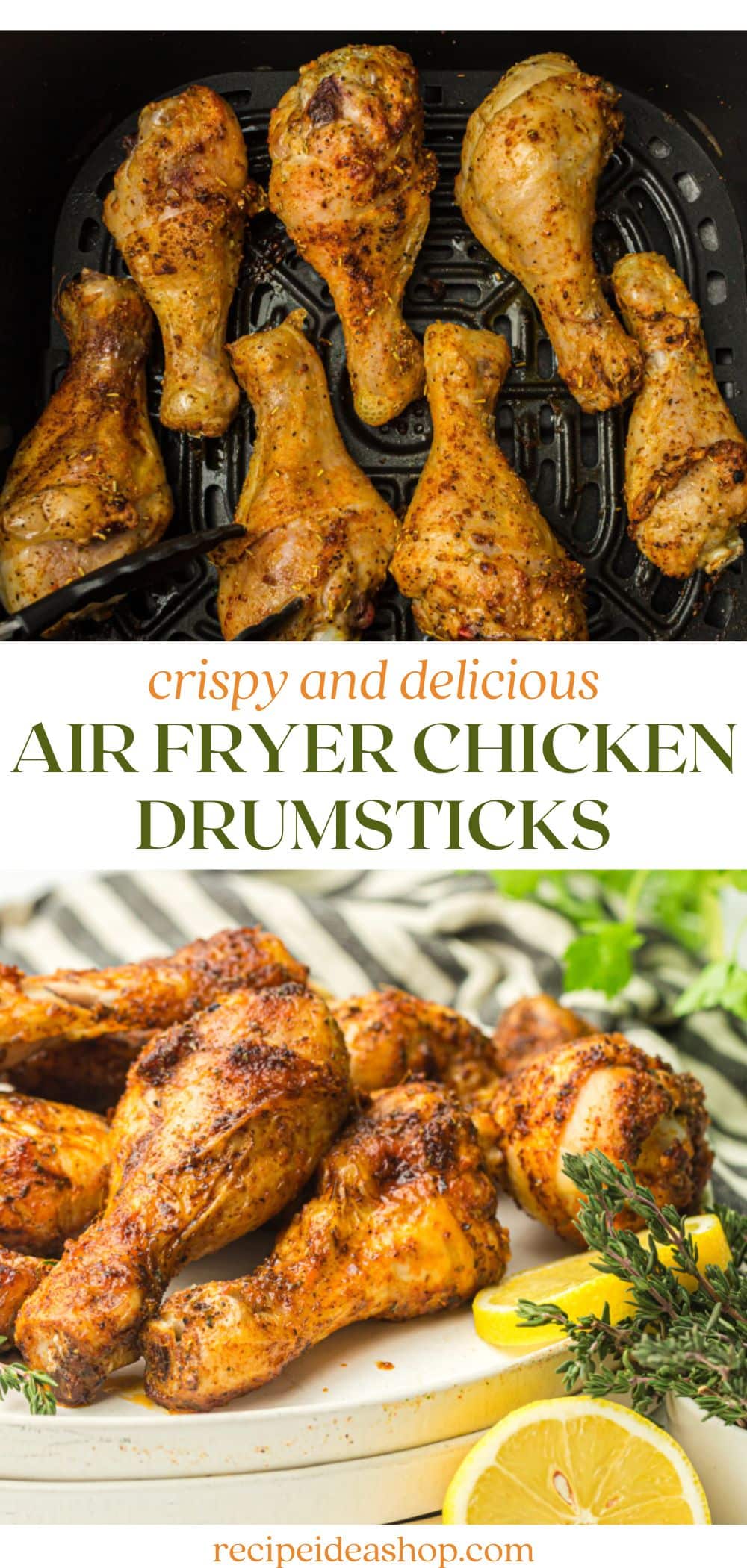 vertical collage with air fryer chicken drumsticks