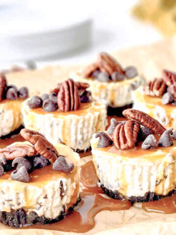 serve miniature turtle cheesecakes with pecans and chocolate chips at your next party