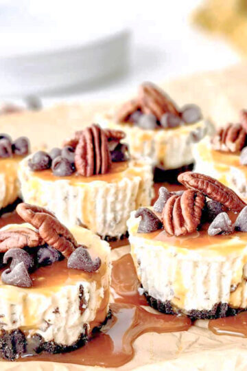 serve miniature turtle cheesecakes with pecans and chocolate chips at your next party