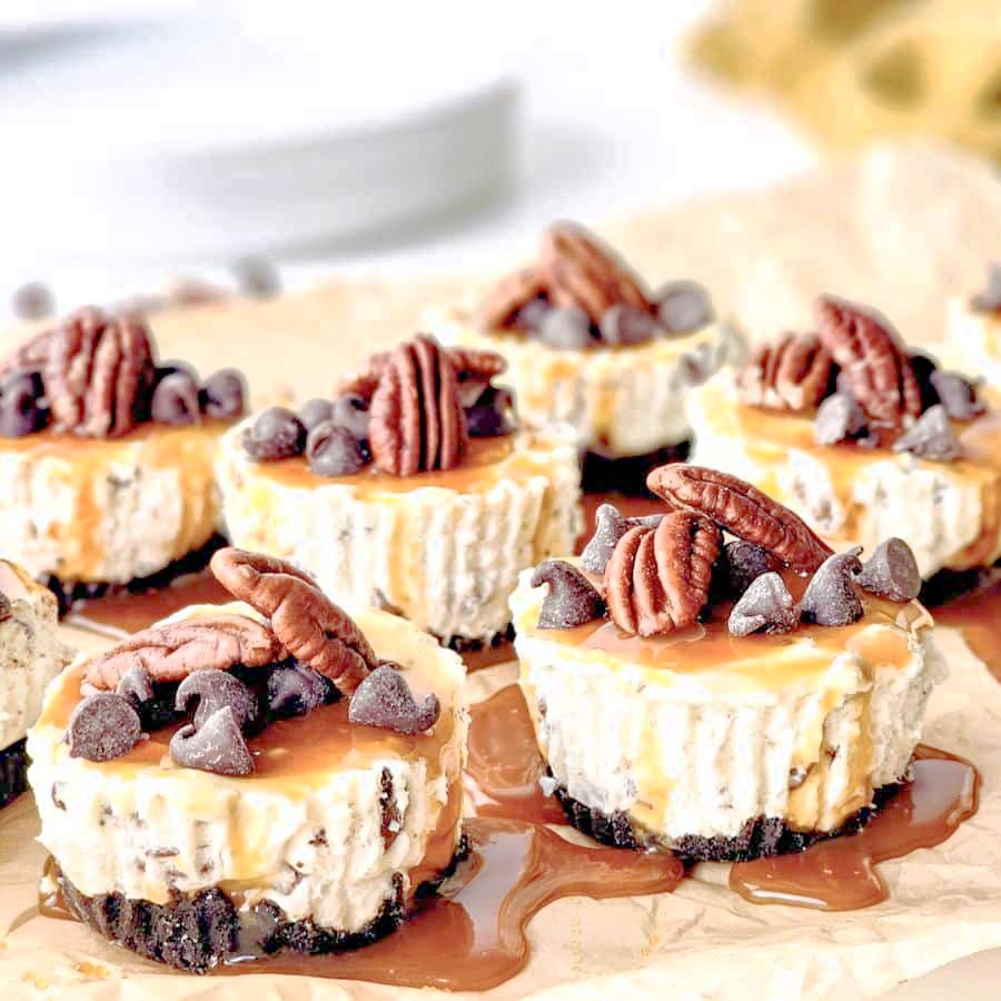 serve miniature turtle cheesecakes with pecans and chocolate chips at your next party