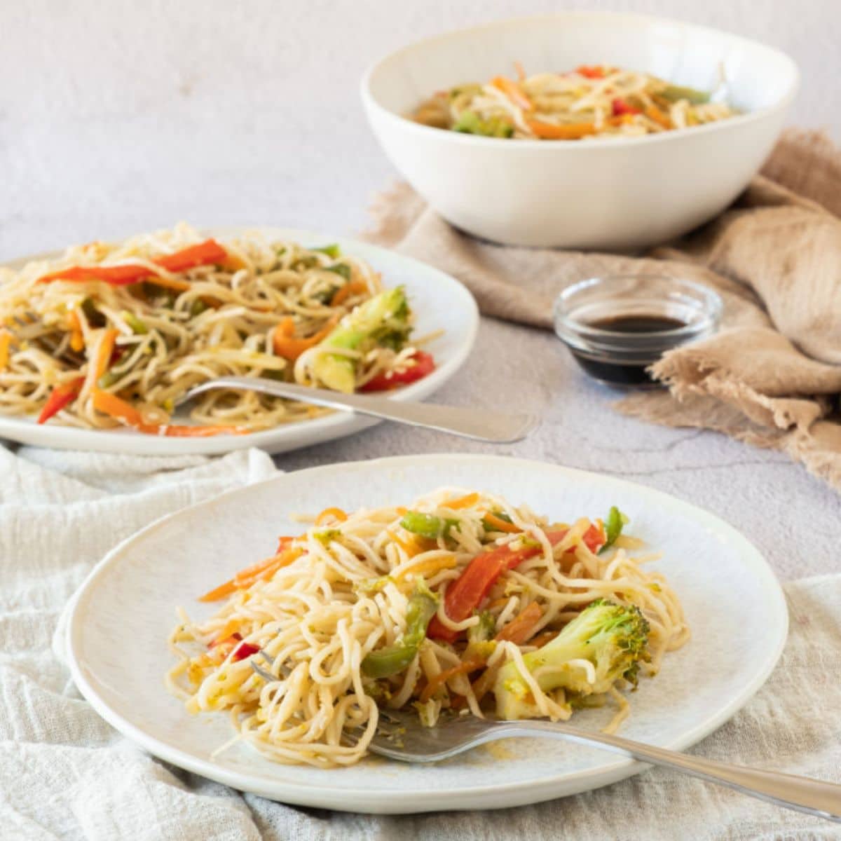 vegetable mein noodles on white dishes