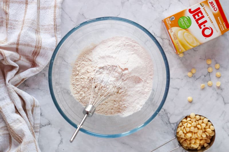 mixing dry ingredients for banana cookies