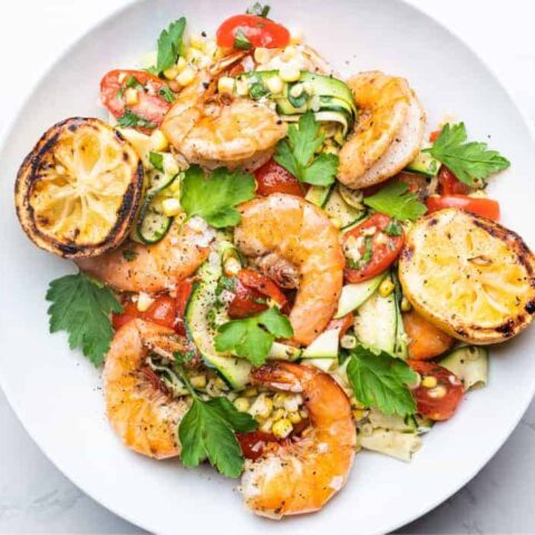Image for Grilled Shrimp Recipe with Fresh Corn, Zucchini and Tomato Salsa