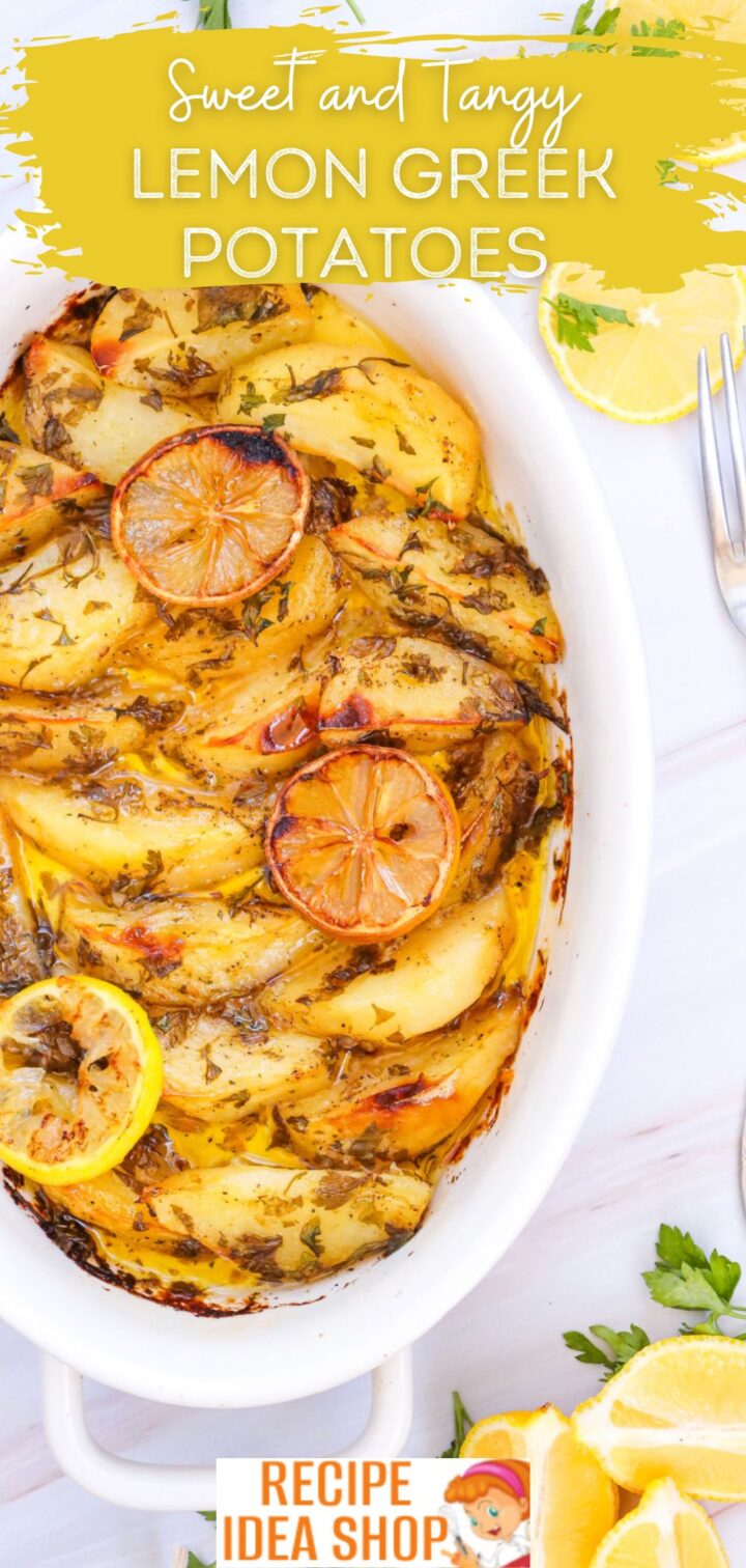 top view of lemon greek potatoes with text