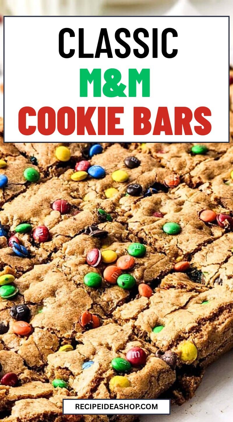 vertical image with m&m cookie bars with text