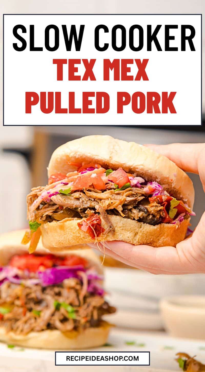 vertical image with slow cooker pulled pork