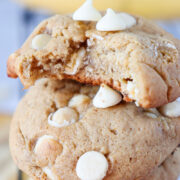 banana pudding cookies with bite taken out of it