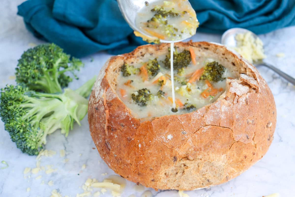 Broccoli Cheddar Cheese Soup in a bread bowl