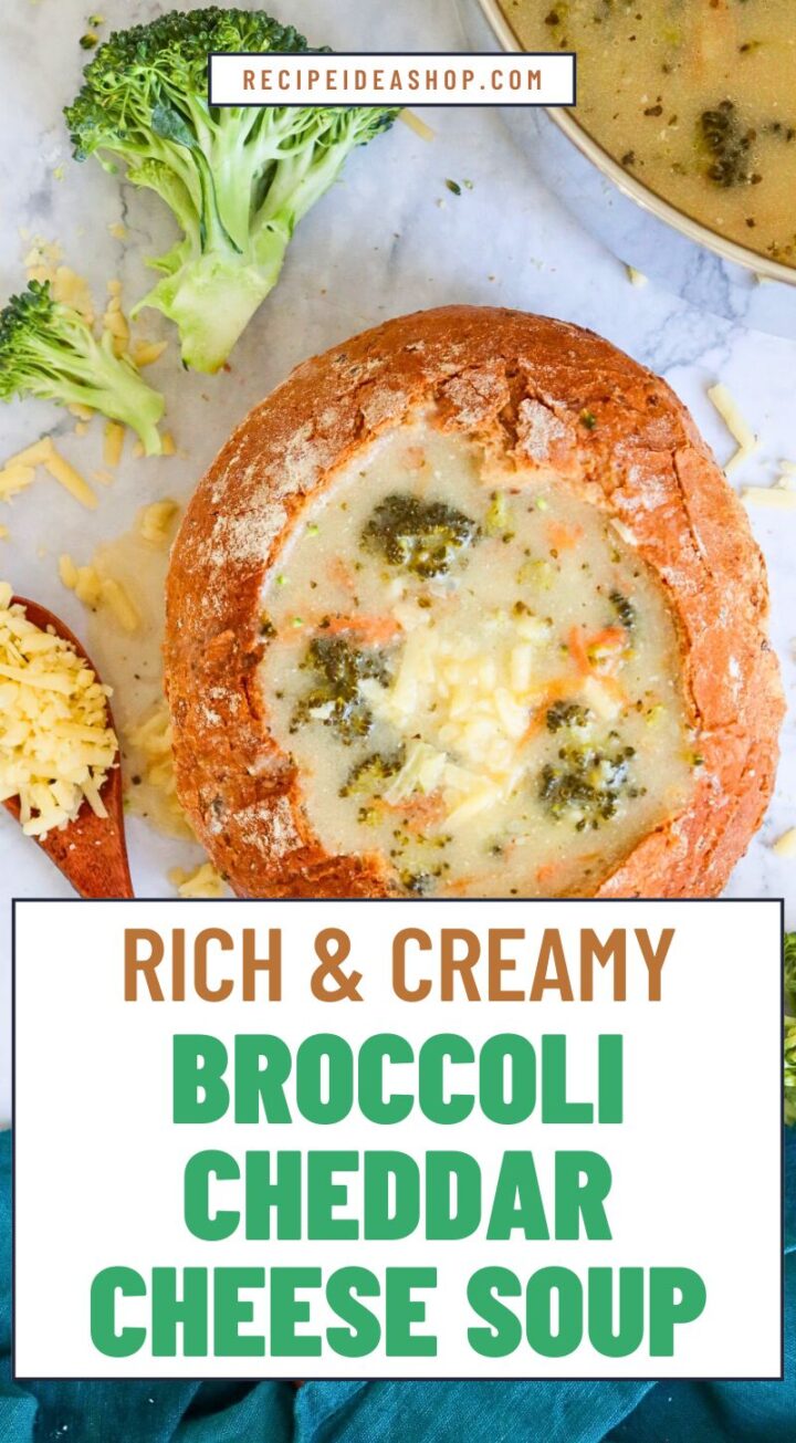 vertical image with text overlay broccoli cheddar cheese soup