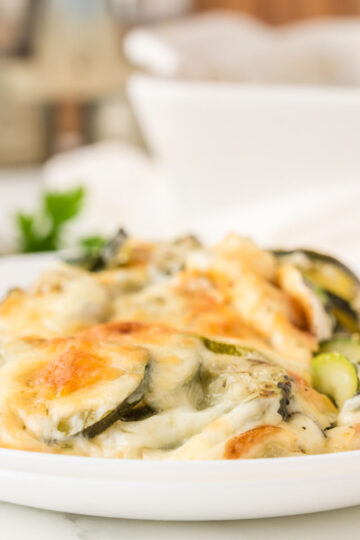 close up view of cheesy zucchini casserole