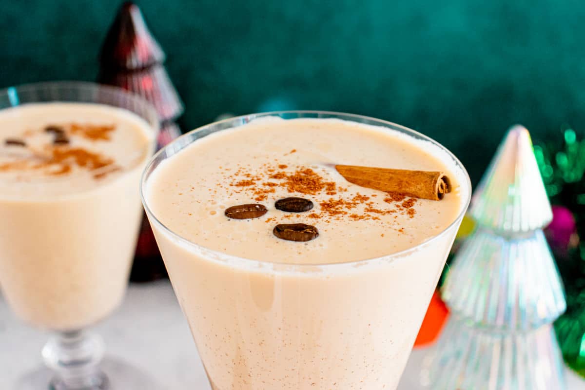 to view of eggnog espresso martini with 3 coffee beans