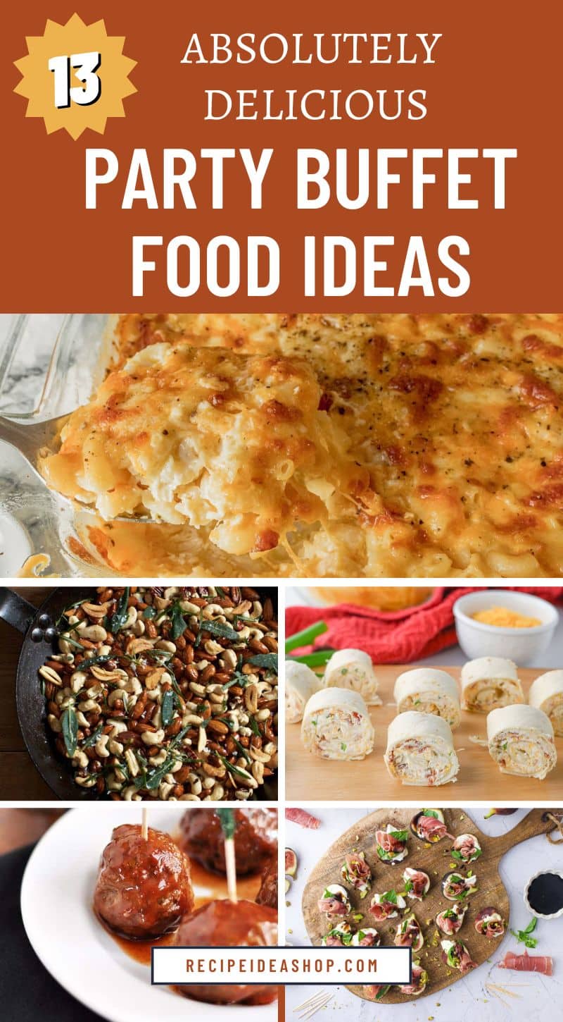 5 image collage with party buffet food
