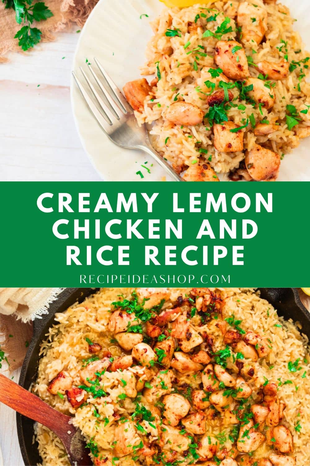 2 image collage with creamy lemon chicken and rice