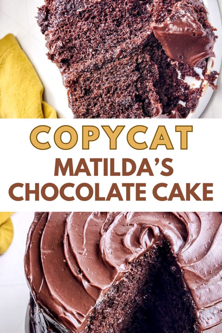 collage with chocolate cake sliced and whole