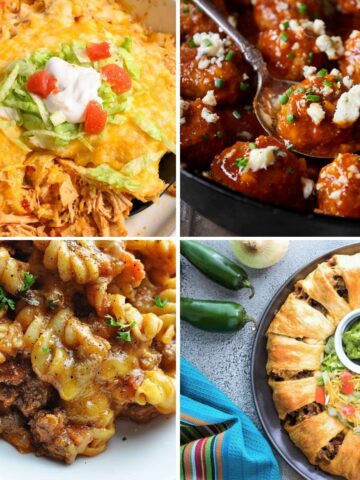 collage with 4 images with potluck entrees