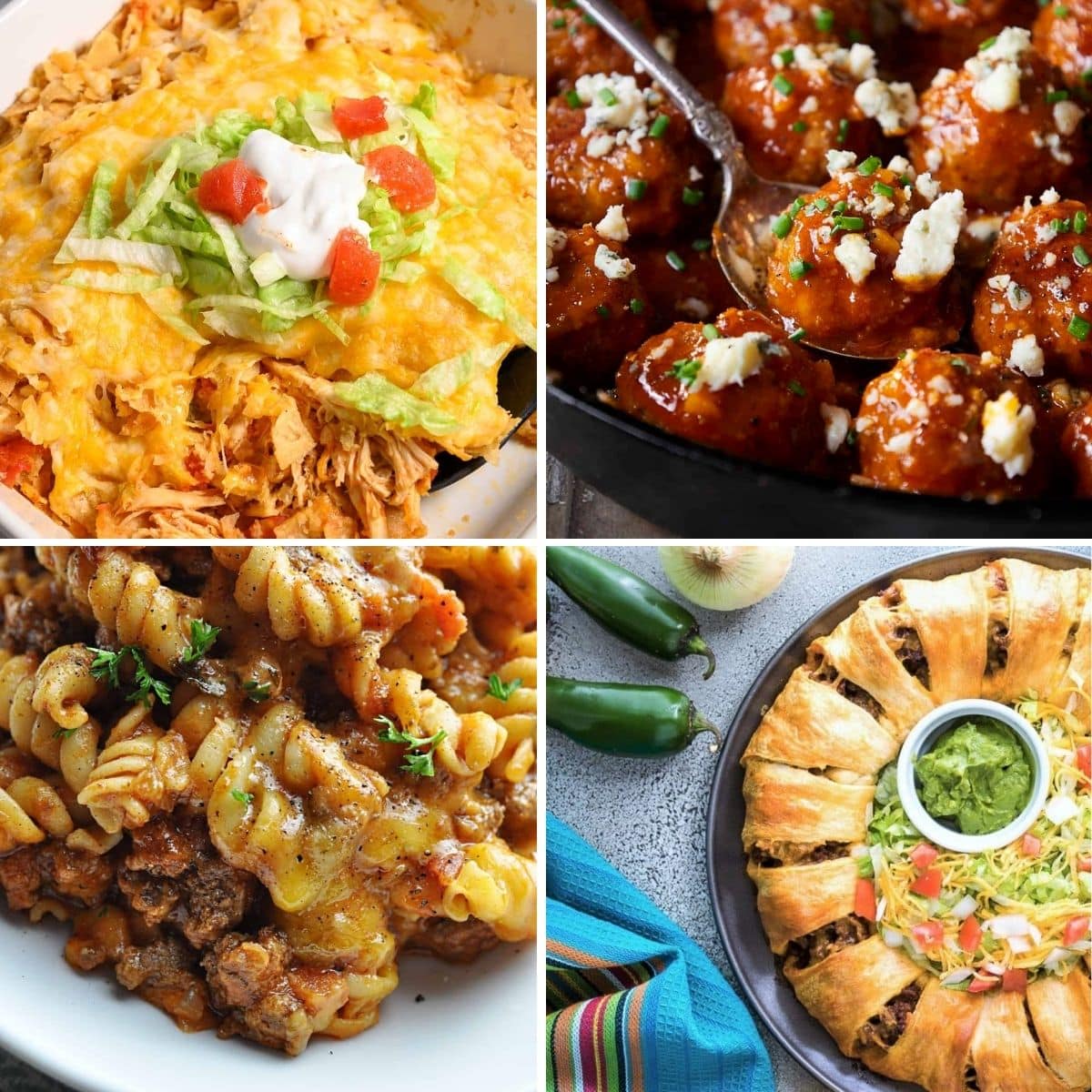 4 image collage with potluck entrees