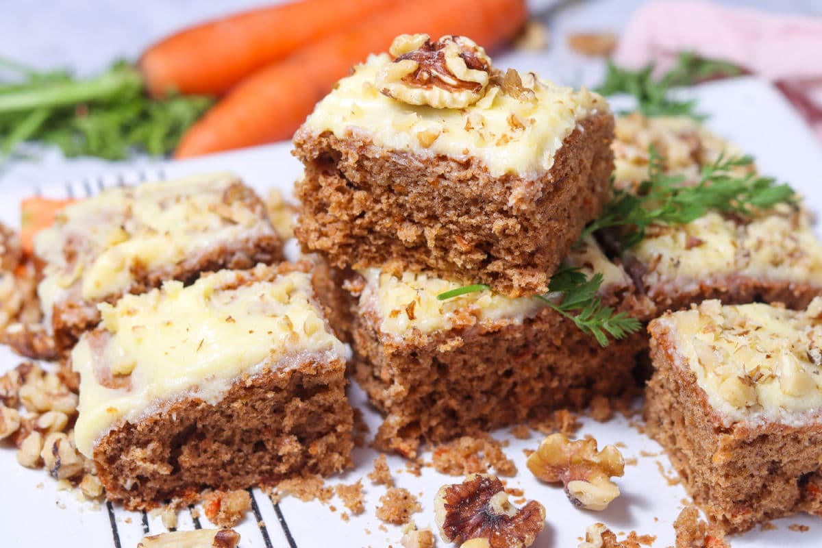 sliced carrot cake on platter