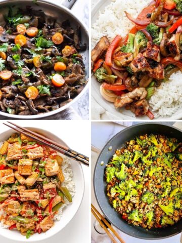 4 image collage stir fry dishes