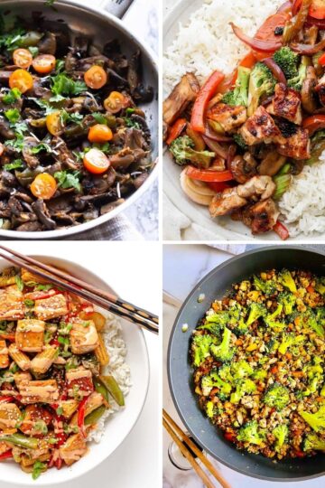 4 image collage stir fry dishes