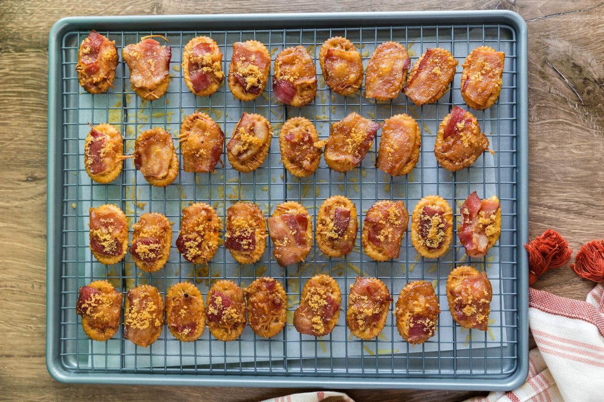 Bacon cracker appetizers made with brown sugar, Parmesan Cheese, and Cayenne Pepper