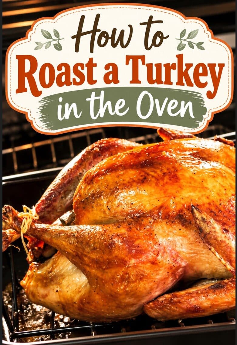A golden brown roasted turkey sits in a black pan in the oven. Above, a sign with decorative lettering shows how to roast a turkey, making it perfect for your next holiday feast.