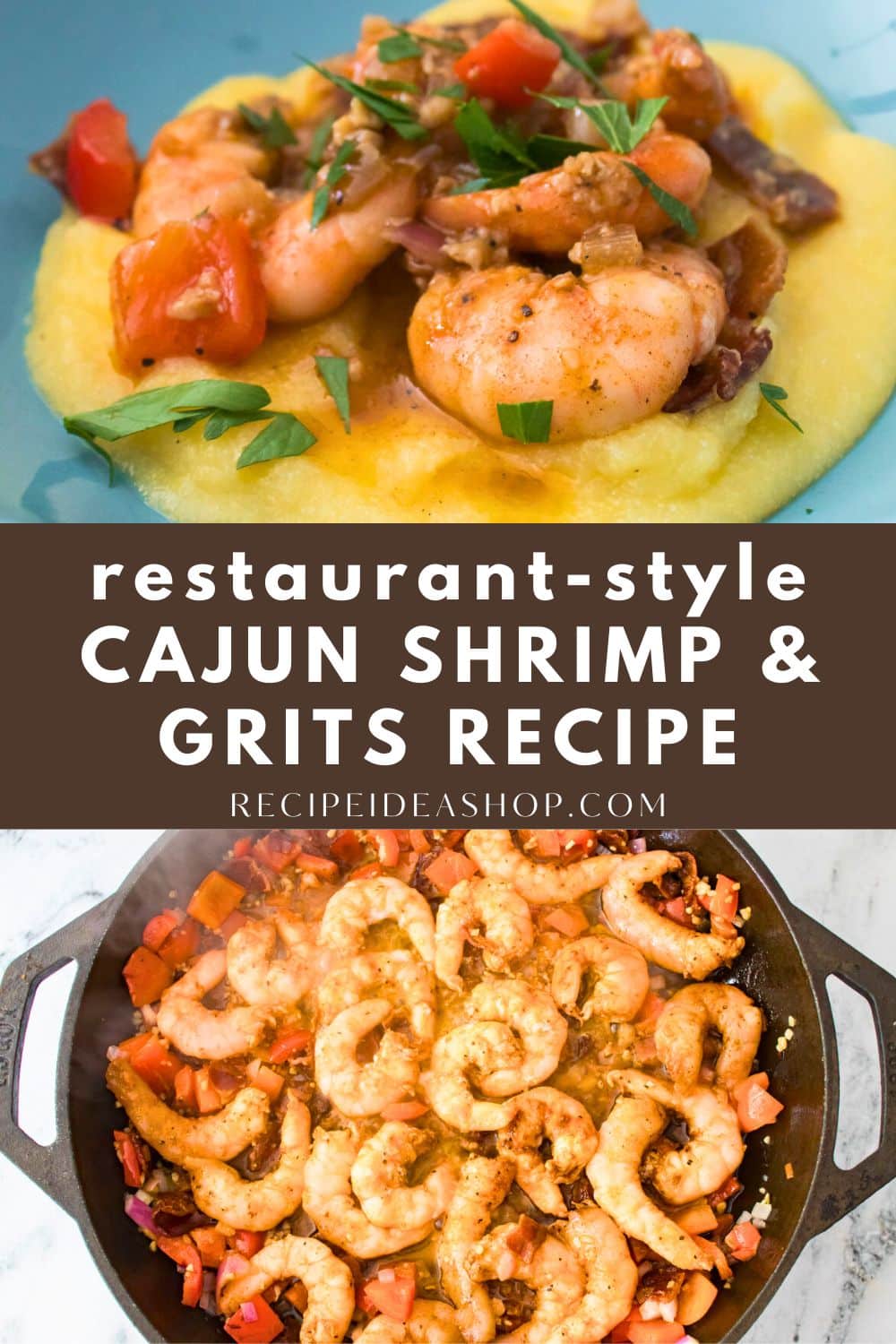 2 image collage cajun shrimp and grits with text overlay