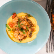 shrimp and grits in blue bowl