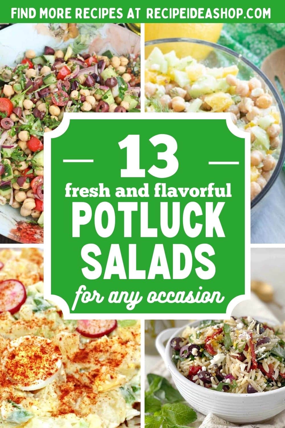 vertical collage with 4 images potluck salads