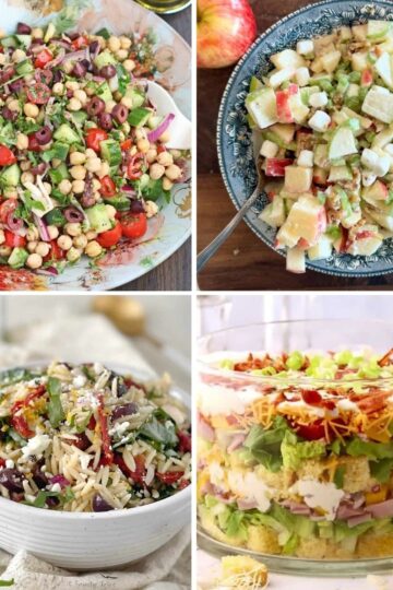 collage with potluck salads