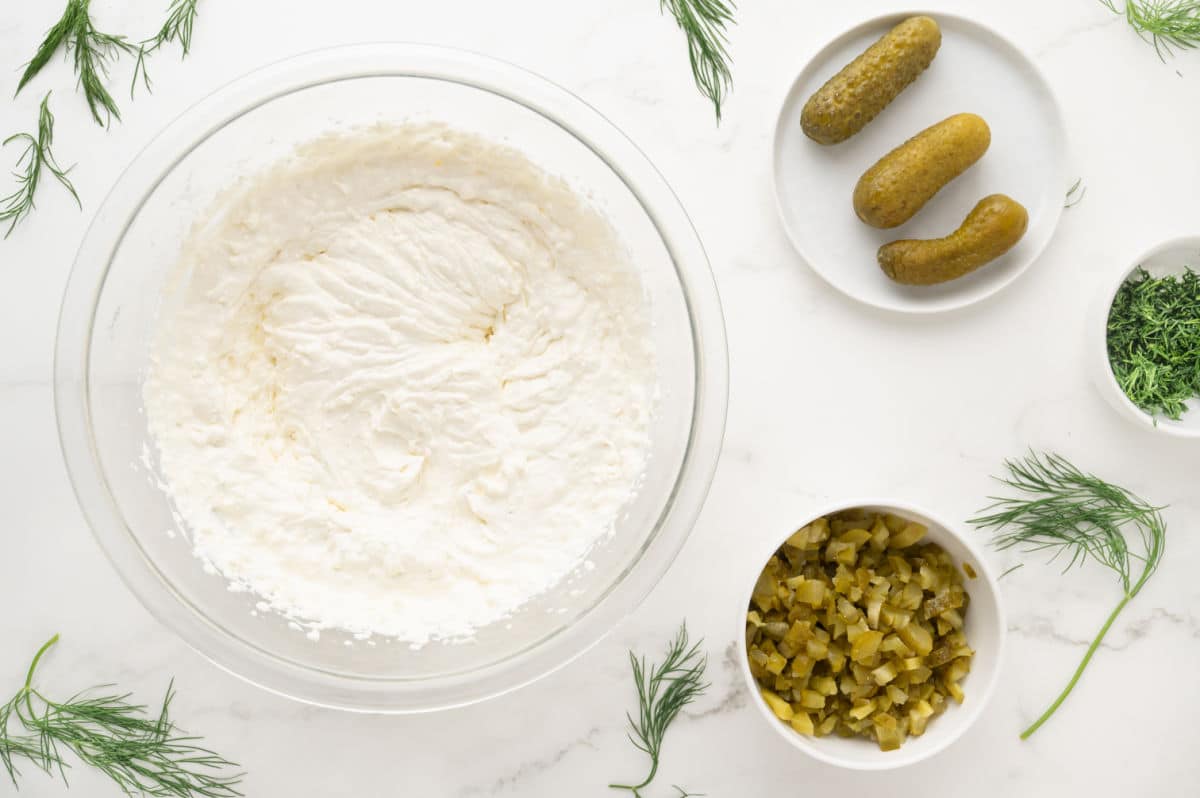 blended sour cream and cream cheese in glass bowl